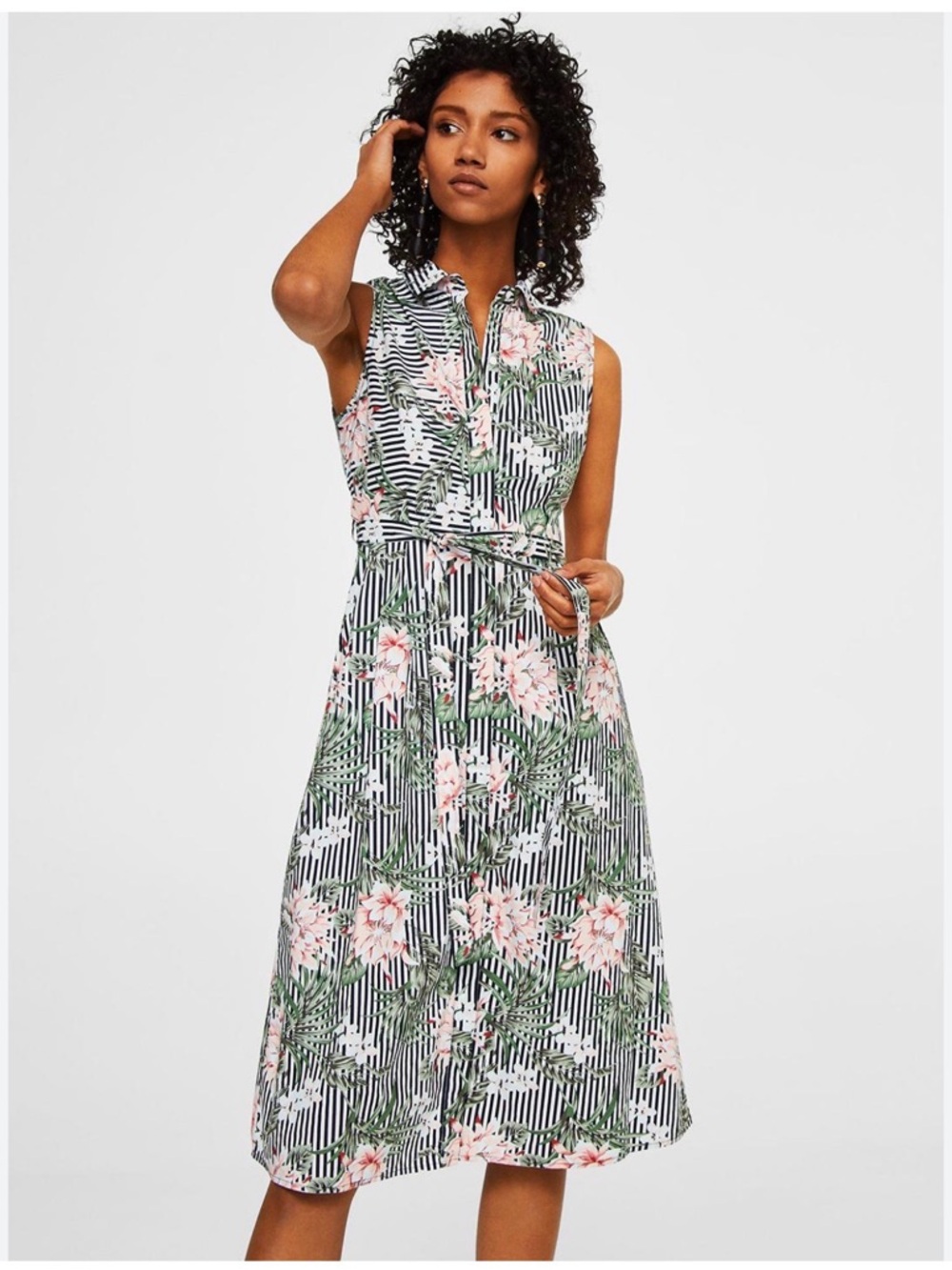 Mango Navy Stripe Maxi Dress with Pink Floral Print